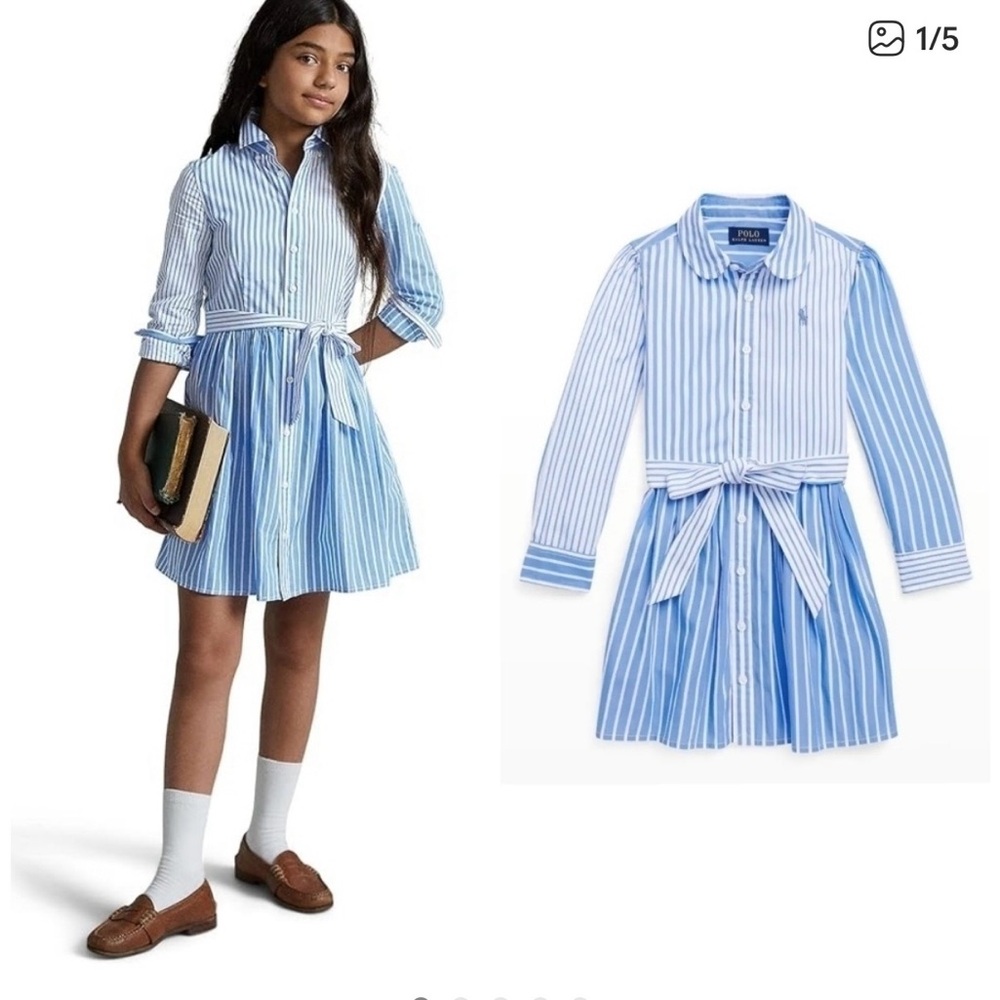 Polo by Ralph Lauren Light Blue and White Striped Shirt Dress with Tie Waist